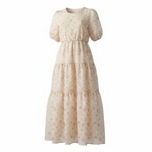 Amable by Mable Floral Tiered Maxi Dress L Cream Pink Puff Sleeve Cottagecore